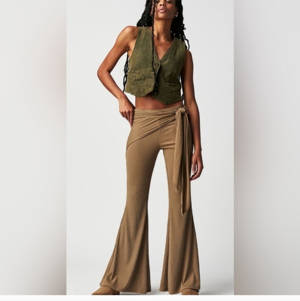 Free People Hot Nights Wrap Flare Pants Salvaged Oak Brown Size XL